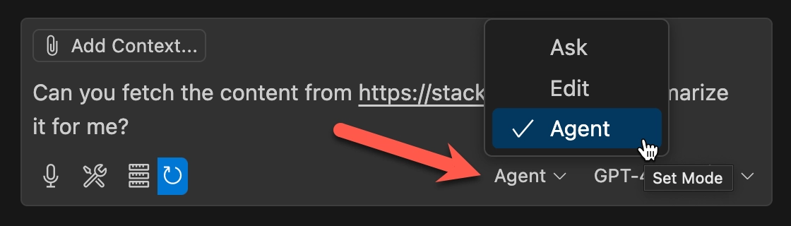 VS Code Copilot agent mode selection